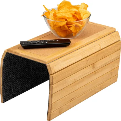 Image de Tablette pour canapé eluno avec accoudoirs, en bambou, avec plateau antidérapant en liège, tablette pliable pour snacks, téléphone portable, etc.