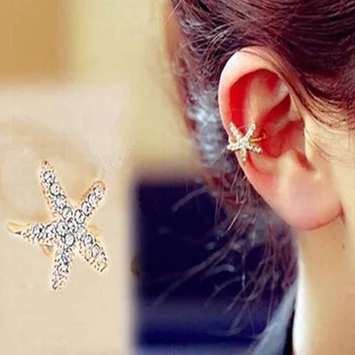 Produktbild von 1 Stück Glitzer-Strass-Dekor, niedliches Seestern-Muster, Ohrstecker, Clip, Manschettenohrring, Geschenk