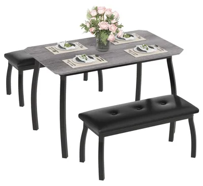 Immagine prodotto di Set da pranzo in metallo e legno, composto da un tavolo rettangolare e due panche, colore grigio, stile vintage