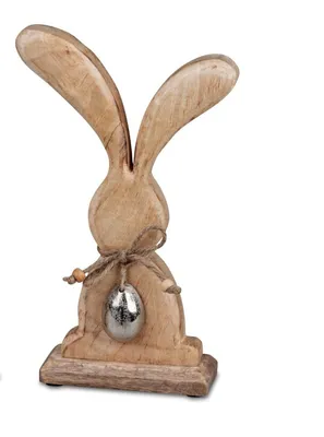 Produktbild von Geschenke und Dekoration zu Ostern- Hase mit Ei 21cm aus massivem Mango-Holz Osterhase