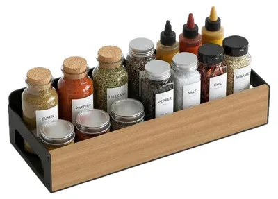 Immagine prodotto di Scaffale magnetico per spezie, 28x11x6,5 cm, in bambù e metallo, organizer da cucina senza necessità di foratura