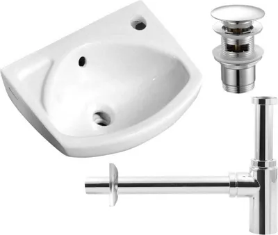 Image de ENSEMBLE 3 en 1 : petit lavabo mural en céramique 35 x 28 cm, blanc - siphon - bouchon