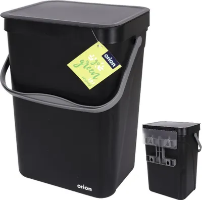 A black Orion hanging trash can with a lid and a handle, shown with a green tag attached to the handle. A smaller, separate view of the trash can is shown on the right, highlighting its hanging mechanism.