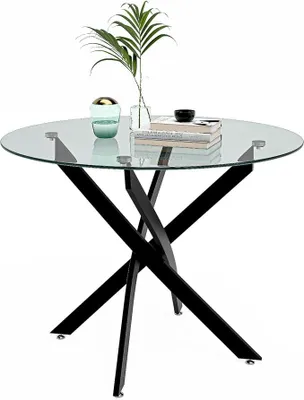 Produktbild von Kleiner moderner runder Esstisch aus Glas mit schwarzen Metallbeinen für Esszimmer, schwarz, 80 cm (nur Tisch)