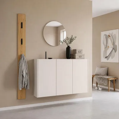 Produktbild von Garderobenset 3-teilig mit Schuhschrank, Spiegel & Garderobenpaneel in Beige mit Eiche - LAPUA-01