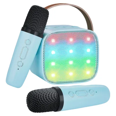 Produktbild von Karaoke Maschine mit 2 kabellosen Mikrofonen, Tragbarer Bluetooth Lautsprecher mit Stimme Effekte, LED-Lichter, Blau