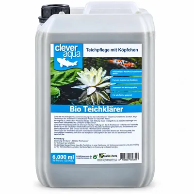 Clever Aqua Bio-Teichklärer, 6 L auf weißem Hintergrund, KI-generiertes Bild