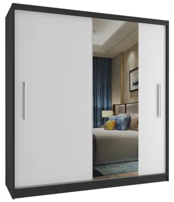 Image de BELINI Verona : Armoire coulissante de 158 cm, noire et blanche, finition mate. Armoire avec miroir et penderie, idéale pour la chambre