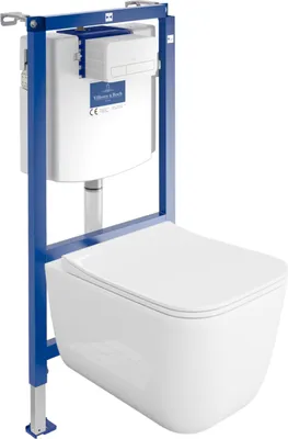 Produktbild von DOMINO | Villeroy&Boch ViConnect H112 Vorwandelement Unterputz WC mit Bedienplatte + Wand Hänge Tiefspül WC Shak Weiß Spülrandlos | WC Komplett Sett |