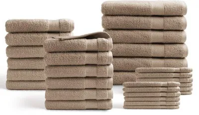 Produktbild von Unyqoos® Hotel-Handtuch-Set 30-teilig – 100% Baumwolle, 500 g/m², Taupe Beige; 6×70×140 cm, 12×50×100 cm, 12×16×21 cm