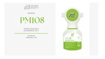 Produktbild von Acqua brevetti PM108 MiniDos: Mini-Dosierpumpe zur Kalkablagerungshemmung, Unterbaukastenmontage, 1/2" M-Anschluss, für Aquasil 20/40 Nachfüllungen