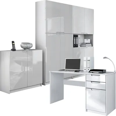 Produktbild von Vladon Büromöbel Arbeitszimmer komplett Set Logan,  Germany, Korpus in Weiß matt / Fronten in Weiß Hochglanz