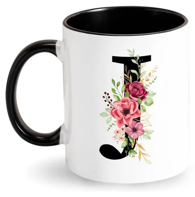 Produktbild von Kaffeetasse Initiale mit Blumen Buchstabe Keramik 350 ml spülmaschinenfest mikrowellenresistent