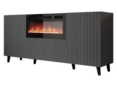 A grey sideboard with a fireplace insert, shown from a front-left angle against a white background.