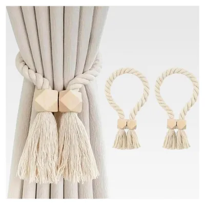 Produktbild von Magnetischer Vorhangspanner, 2 Stück Vorhang Raffhalter aus handgewebter Baumwolle, magnetische Vorhanghalter im Boho-Stil für Wohn- und Bürogardinen (Beige)