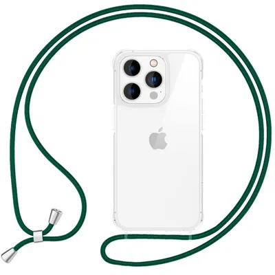 Obrázok produktu pre NALIA reťaz na mobilný telefón pre iPhone 16 Pro Max – priehľadné hybridné puzdro a 160 cm reťaz – HANGIT PRO (zadná strana proti zožltnutiu) – značka z Berlína – tmavozelená
