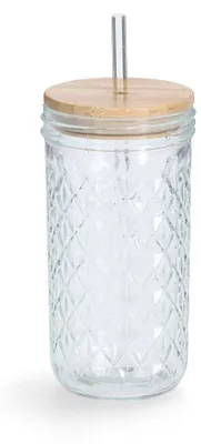 Produktbild von ZELLER 19648 Trinkglas mit Bambusdeckel und Glasstrohhalm, Ø 8,9 x 16,4 cm