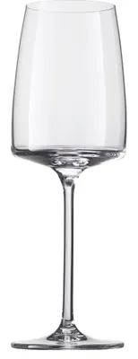 A clear glass wine glass on a white background.