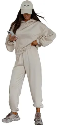 Produktbild von Jogginganzug Damen Trainingsset OVERSIZE – Hoodie & Jogginghose bequem Beige S/M