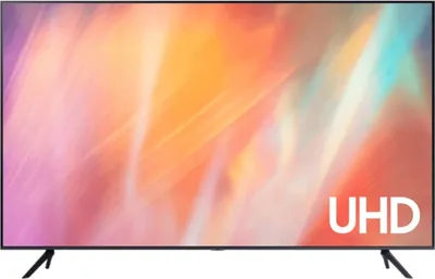 A front-facing shot of a Samsung television on a stand, displaying a colorful abstract image.