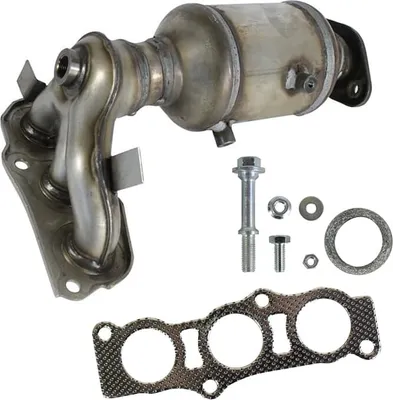 A catalytic converter with associated hardware, including bolts, nuts, washers, and a gasket, is displayed against a white background.