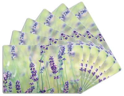 Produktbild von Wallario Frühstücksbrettchen 6er Set aus Glas, je 14 x 23 cm, mit rutschfesten Füßen, Motiv Lila Blumenfreude - Violette Pflanzen auf der Wiese