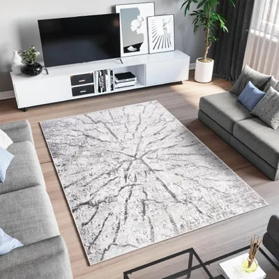 A modern living room with a TV, entertainment unit, sofa, and a rug.