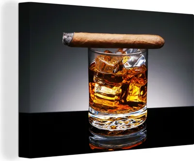 Produktbild von OneMillionCanvasses® - Leinwandbilder - 150x100 cm, Whiskey - Zigarre - Glas, Wandbilder Kunstdruck Wanddekoration - Foto auf Leinwand - Gemälde auf Holzrahmen