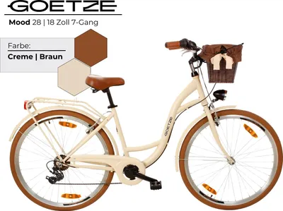 Produktbild von Goetze Mood 28 Zoll City Bike, 18 Zoll Tiefeinsteigerrahmen, 7-Gang Shimano, V-Bremse, LED-Beleuchtung, Komfortsattel, Rattankorb