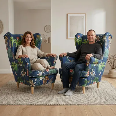 Produktbild von 2er-Set Ohrensessel ARI Print – mit Blättermuster, Webstoff in Blau, Family Meble, KI-generiertes Bild