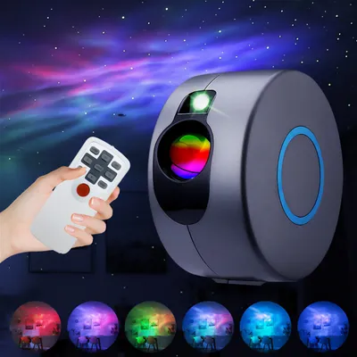 A hand holding a remote control is shown next to a galaxy projector that is projecting a colorful nebula and starfield onto a dark background. Below the projector, four circular images show the projector's effects in a room setting with different color sch
