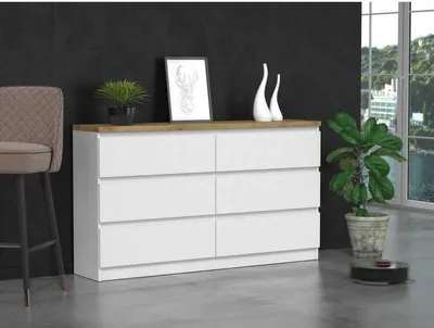 Produktbild von Roe Furniture | Kommode - 6 Schubladen - 120 cm - Weiß matt - Braune Arbeitsplatte- Modernes Design - Hochwertige Verarbeitung
