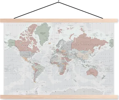 Produktbild von MuchoWow® Textilposter Weltkarte - Vintage - Pastell - Erde - Grau - Pädagogisch 60x40 cm mit holzfarbenen Rahmen - Bilder