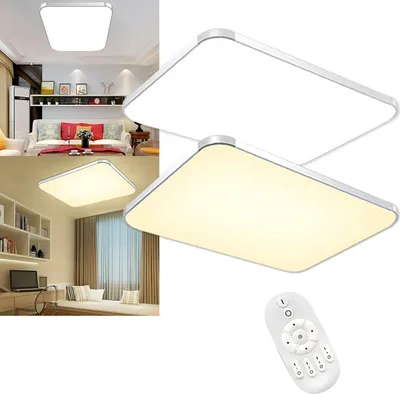 A collage of images showing a modern LED ceiling light in different settings and with a remote control.