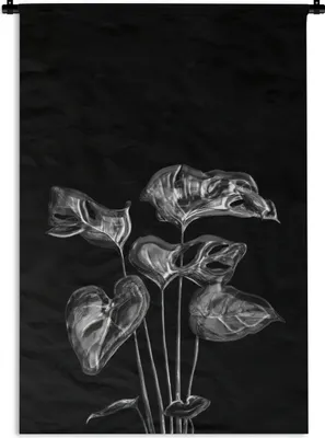 Produktbild von MuchoWow® Wandteppich Wandbehang Herzförmige Blätter mit Löchern auf schwarzem Hintergrund - schwarz und weiß 60x90 cm Tapisserie Dekoration Wandtuch - Foto-Teppich - Abwaschbar