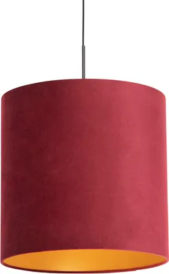 Produktbild von QAZQA - Landhaus I Vintage I Rustikal Hängelampe I Pendellampe I Pendelleuchte mit Veloursschirm rot mit Gold I Messing 40 cm - Combi I Wohnzimmer I Schlafzimmer - Textil Zylinder I Länglich I Rund -