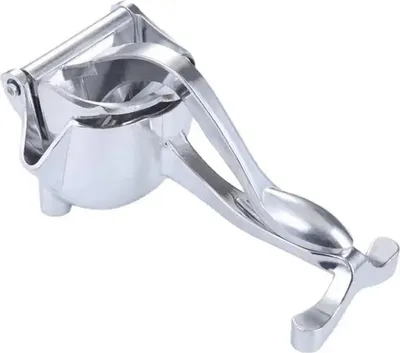 A silver manual juicer is shown against a white background.
