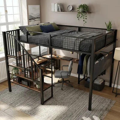 Produktbild von okwish Hochbett 140×200 mit Ladeanschluss,L-förmigem Eckschreibtisch,Metallbett mit seitlicher Stofftasche,Tastaturauszug,Schwarz,ohne Matratze, KI-generiertes Bild