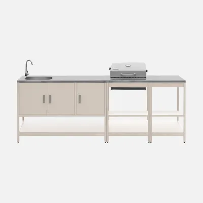 Produktbild von sweeek - Außenküche aus Edelstahl mit Holzkohlegrill, Spüle und Regal, 3 Elemente - Beige