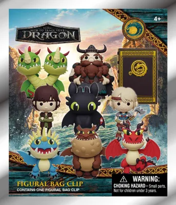 A display of various How to Train Your Dragon figural bag clips, featuring characters and dragons from the movie.