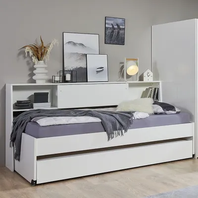 Produktbild von Jugendzimmer-Bett mit 90x200 cm Liegefläche in weiß, mit Bettschublade, Bettüberbau NOLI-43