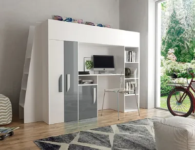 Produktbild von Hochbett Etagenbett mit Schreibtisch Schrank Regal und Treppe 90x200 PARIS 5 hochglanz weiß-grau