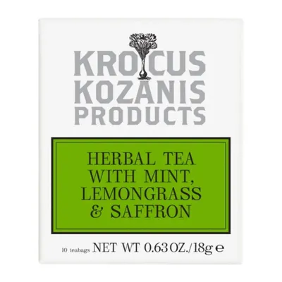 Krocus Kozanis Kräutertee Minze Zitronengras Safran 18 g Verpackung auf Weiß