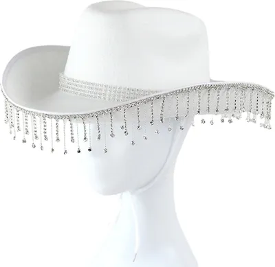 Produktbild von Strass-Cowgirl-Hut im Retro-Western-Stil mit verstellbarer Krawatte, Fransen-Strasshut für Cosplay-Partys-Weiß