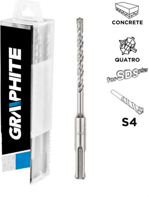 A product shot of a drill bit and its packaging, with marketing graphics.