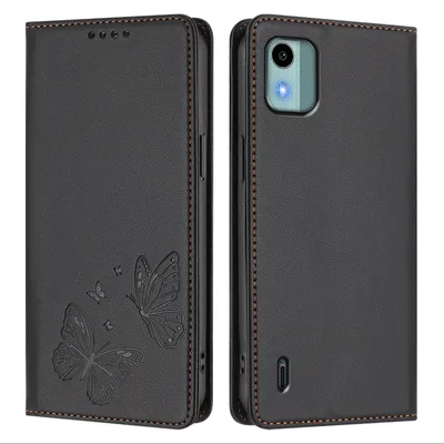 Obrázek produktu pro Kožené pouzdro pro Nokia C12, motýlí ražbou, peněženkové flip pouzdro se stojánkem Černá