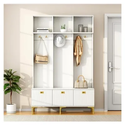 Produktbild von Garderobenset mit Sitzbank und 6 goldenen Haken | Multifunktionales Flurmöbel mit Stauraum | Moderne Garderobe für Flur und Wohnzimmer | Weiß, 120 cm Breite