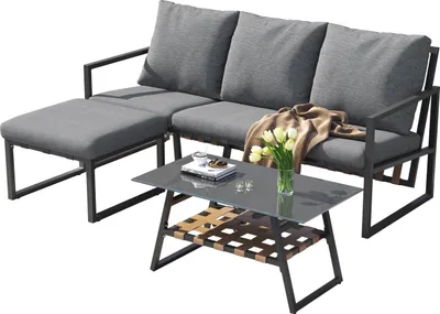 Produktbild von okwish Gartenmöbel Set,Balkonmöbel-Set,Garten-Loungesessel-Set mit Eckgarnitur, Sofa & Couchtisch &Fußhocker,Couchtisch mit Glastischplatte,Grau