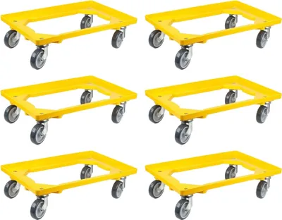 Produktbild von SparSet 6x Transportroller für Euroboxen 60x40cm mit Gummiräder gelb | Offenes Deck | 2 Lenkrollen & 2 Bremsrollen | Traglast 300kg | Kistenroller Logistikroller Rollwagen Profi-Fahrgestell