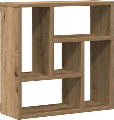 A wooden shelf unit with multiple compartments against a white background.